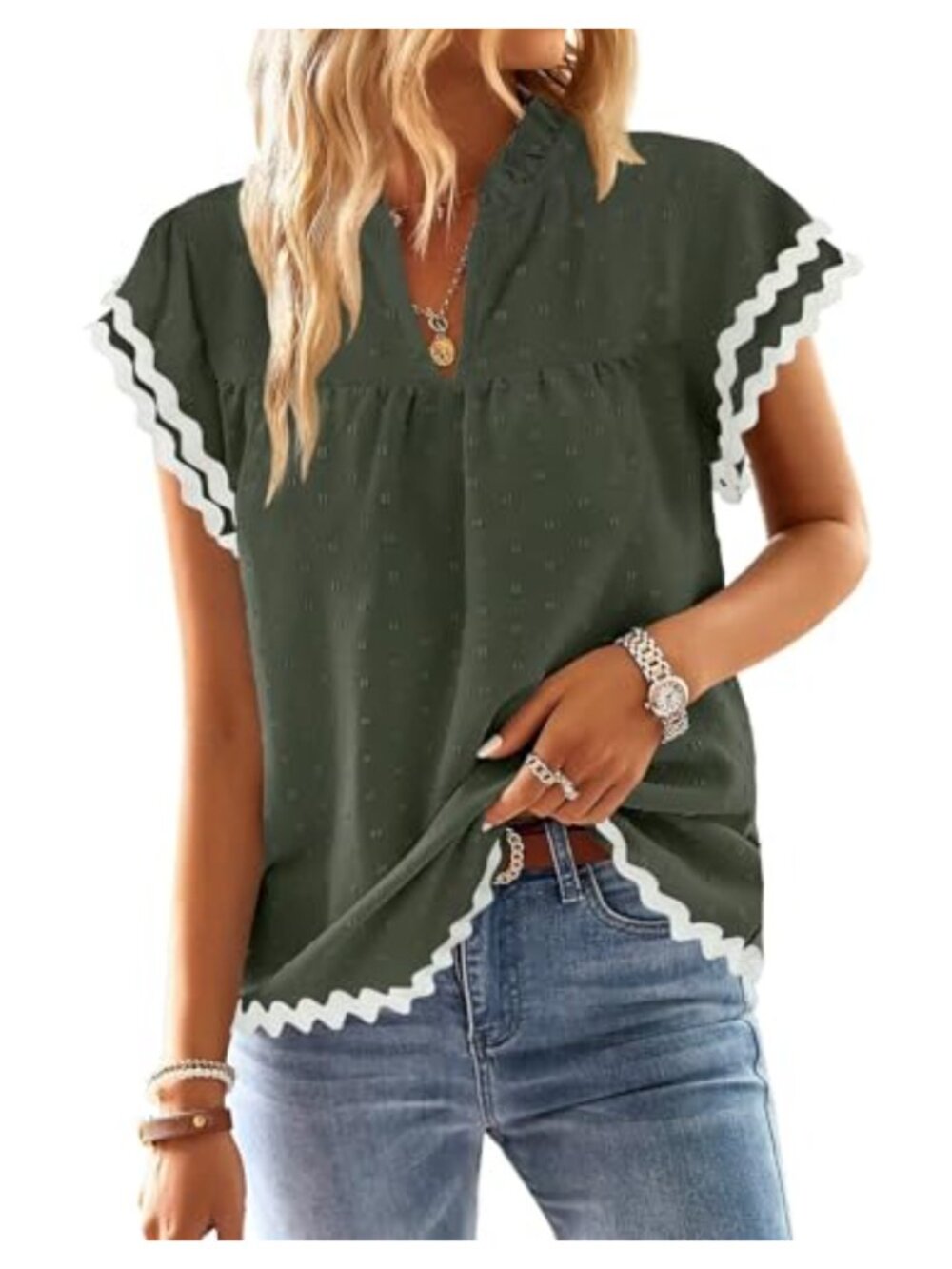 Womens Boho Ruffle Sleeve Flowy V Neck Dressy Summer Blouse Top